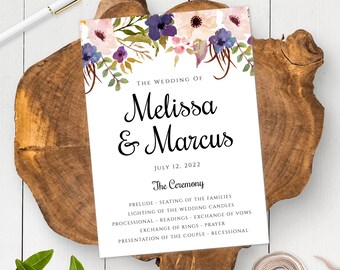 Purple Floral Wedding Program Template, DIY Wedding Program Template, Watercolor Flower Order of Ceremony Program, Editable Program, WBPL4