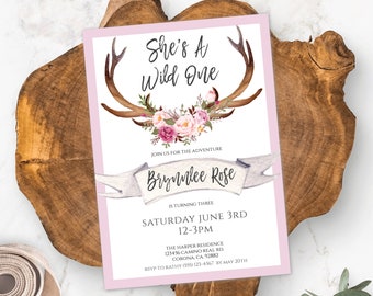 She's a Wild One Birthday Party Invitation Template Pink & Gray Girl's Birthday Invite Instant Download Personalized Birthday Printable