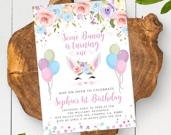 Bunny Birthday Invitation Template First Birthday Easter Birthday Party Invite Some Bunny is Turning One Pink + Gold Glitter Invitation BPEB