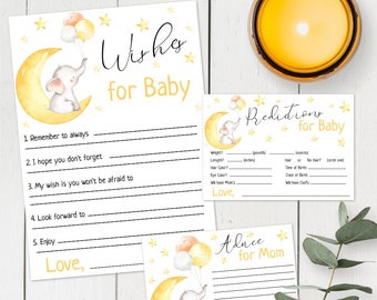 Baby Prediction Card, Over the Moon Baby Shower Keepsake Template Set, Baby Prediction and Advice, Elephant Shower, Gender Neutral Stars OTM