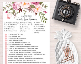 Pink Floral Bridal Shower Game Movie Love Quotes Template, Editable Match the Love Quotes, Printable Wedding Shower Game Download, WSBH