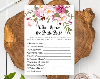 Pink Floral Who Knows the Bride Best Game Template for Bridal Shower, How Well Do You Know the Bride, Editable Wedding Shower Game, WSBH