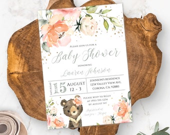 Peach Bear Baby Shower Invitation Template, Printable Teddy Bear Invite, Girl Woodland Shower, Editable DIY Floral Baby Shower Invite, BSP4