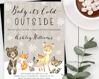Baby It's Cold Outside Invitation Template, Editable Woodland Animals Baby Shower Invite With Watercolor Animals Printable Winter Shower WWA