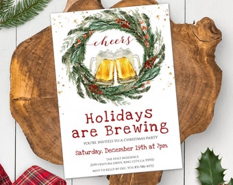 Holidays are Brewing Christmas Party Invitation Template, Editable Holiday Party Invite, Printable Work Party Invite, Adult Xmas Party, Beer