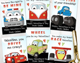 May include: Six Valentine's Day cards featuring different vehicles with puns. The cards are blue with white borders and feature red hearts. The text on the cards reads: "You AUTO be my Valentine", "You have the right to BE MINE", "I'll never TIRE of your friendship!", "Valentine, you DRIVE me crazy!!", "WHEEL you be my Valentine?", "You make my heart RACE Valentine". Each card has the text "Happy Valentine's Day From: Caden".
