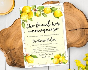 She Found Her Main Squeeze Lemon Bridal Shower Invitation Template, Citrus Bridal Shower, Editable + Printable Bridal Shower Invite, LWS