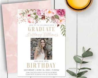 Graduation Invitation + Surprise 18th Birthday Party Template, Graduation Party for Girl, High School Grad, Printable Invite, Class of 2021
