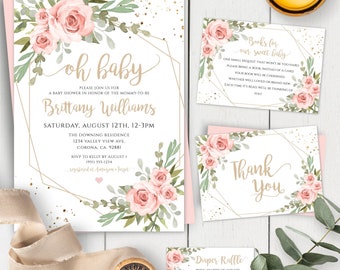 Floral Baby Shower Invitation Girl Template, Baby Girl Shower Invite, EDITABLE Printable Template, Pink Floral Watercolor Flowers BSBG