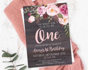 Pink Floral First Birthday Invitation Template, Editable 1st Birthday Invite, Printable Girl Birthday Invitation, Rustic Floral Birthday