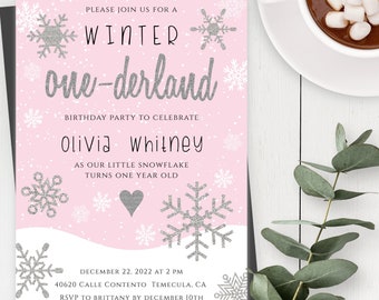 Winter Onederland First Birthday Invitation Template, Editable Snowflake 1st Birthday Invitation Printable Pink Invite for Girl Birthday WOP