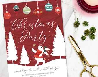 Christmas Party Invitation Template, Christmas Template, Instant Download, Rustic Printable Holiday Party Invitation with Hanging Ornaments