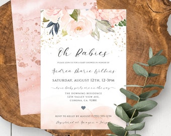 Twins Baby Shower Invite Template, Girl Baby Shower, Oh Babies Pink Watercolor Invitation, Editable Twin Girls Baby Shower Invite Twin Girls