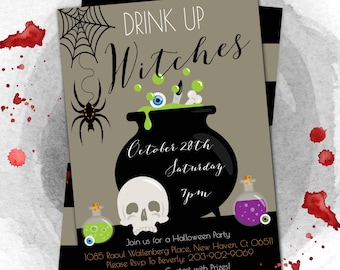 Może przedstawiać: Zaproszenie na imprezę Halloweenową z czarnym kotłem, zielonym eliksirem, pajęczyną i czaszką. Tekst brzmi "Drink Up Witches", "October 28th Saturday 7pm", "Join us for a Halloween Party", "1085 Raoul Wallenberg Place, New Haven, Ct 06511", "Please Rsvp To Beverly: 203-902-9069" oraz "Costume Contest with Prizes!"