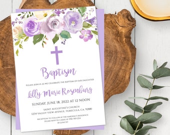 Girl Baptism Invitation Template, Purple Baptism Invitation, Printable Lilac Baptism Template, Lavender Christening Invite, Cross Invite, PB