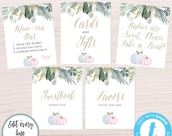 Gender Reveal Pumpkin Sign Template Set for Baby Shower, Fall Baby Shower, Printable Shower Decor, Editable Pumpkin Signs, Favors Gifts GRPS
