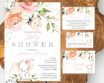 Puede incluir: Una invitación a un baby shower floral en rosa y melocotón con una linda ilustración de elefante. La invitación incluye el texto "Por favor, únase a nosotros para un Baby Shower en honor a Lauren Johnson" y los detalles del evento. También hay dos tarjetas más pequeñas con el texto "Libros para bebés" y "Rifa de pañales".