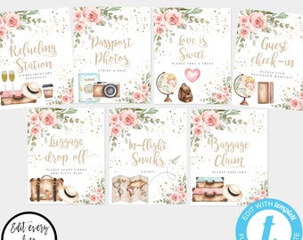 Travel Bridal Shower, Traveling from Miss to Mrs Sign Template Set, Pink Floral Shower, Travel Decorations Editable Map + Suitcase Sign TBSP