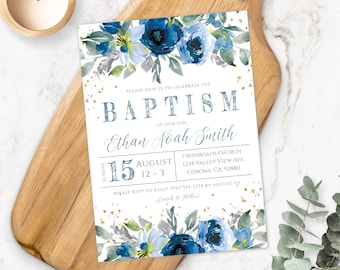 Blue Floral Boy Baptism Invitation Template, Printable Baptism Invite, Editable Christening Invite, Baptism Day INSTANT DOWNLOAD for Boy