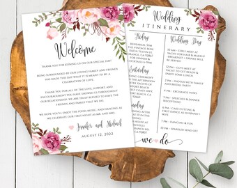 Pink Floral Wedding Itinerary Template Download, Printable Wedding Itinerary, Fully Editable, Welcome Note & Wedding Timeline Welcome Letter