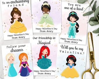 Plantilla de tarjeta del día de San Valentín princesa, tarjetas de San Valentín digitales para el aula de los niños, San Valentín editable DIY, San Valentín personalizado imprimible