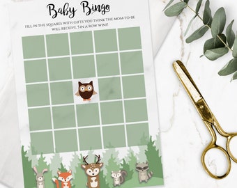 May include: A green and white baby bingo card with a woodland theme. The card has a grid of squares with various woodland animals, including an owl, a deer, a fox, a rabbit, and a raccoon. The text "Baby Bingo" is at the top of the card, and the text "Fill in the squares with gifts you think the mom-to-be will receive. 5 in a row wins!" is below the grid.