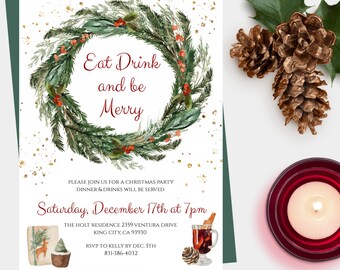 Eat Drink & Be Merry Christmas Party Invitation Template, Editable Holiday Party Invite, Instant Download, Printable Invitation with Wreath