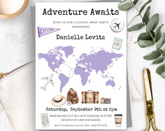 May include: A purple world map with a plane, luggage, a hat, a camera, and a coffee cup. The text reads "Adventure Awaits" and "Join us for a going away party honoring Danielle Levitz".