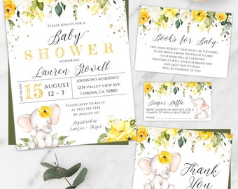 Elephant Baby Shower Invite Template Set With Yellow Flowers, Editable Gender Neutral Invitation Suite, Yellow Floral Elephant Shower, BSYF