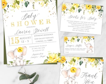 Elephant Baby Shower Invite Template Set With Yellow Flowers, Editable Gender Neutral Invitation Suite, Yellow Floral Elephant Shower, BSYF