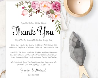 Pink Floral Wedding Thank You Card Template, Printable Thank You Cards, Customizable Pink Floral Thank You Card, Instant Download, WBBH