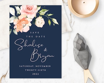 Navy Save the Date with Peach Watercolor Flowers, Blue Wedding Save The Date Template, Bohemian Save The Date, Peach Floral Invite, WBNGP