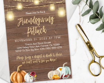 Rustic Friendsgiving Invitation Template, Thanksgiving Dinner Invitation Download, Printable Pumpkin Invite, DIY Editable Fall Invitation