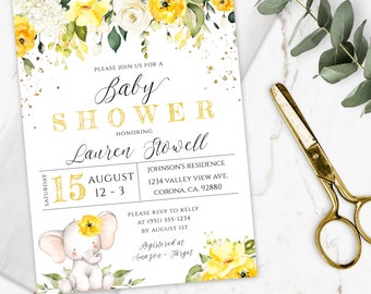 Yellow Elephant Baby Shower Invitation Template, Editable Gender Neutral Baby Shower Invite, Printable Baby Elephant Shower Invite, BSYF