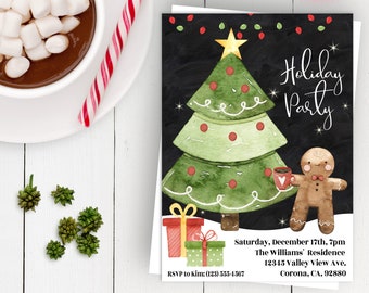 Holiday Party Invitation Template DIY Editable Gingerbread Man Christmas Party Invite Printable Christmas Tree Party Invite For Work or Home
