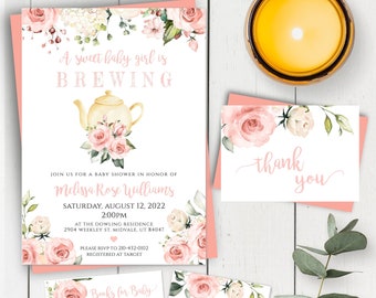 Tea Party Baby Shower Invitation Template, Tea Party Invitation, Pink Floral Girl Baby Shower, A Baby Is Brewing, Printable Invitation, BSBP