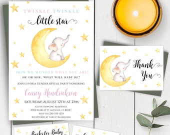 Elephant Gender Reveal Baby Shower Invitation Template Set, Twinkle Twinkle Little Star Invitation, Moon + Stars Shower Gender Neutral, BSMS