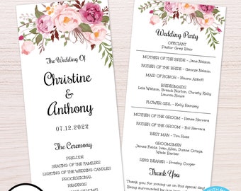 Pink Floral Wedding Program, Instant Download, Bohemian Floral Wedding Program, Printable Ceremony Program, Editable Wedding Program, WBBH