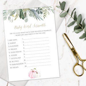 Baby Word Scramble Game Template, Little Pumpkin Baby Shower Printable, Pink Watercolor Pumpkin, Rustic Fall Baby Shower Activity, PPS