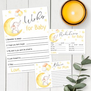 Baby Prediction Card, Over the Moon Baby Shower Keepsake Template Set, Baby Prediction and Advice, Elephant Shower, Gender Neutral Stars OTM
