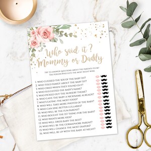 Pink Floral Who Said It Mommy or Daddy Game Template, Pink Floral Baby Shower Guessing Game, Instant Download, DIY Edit and Print Game, BSBG