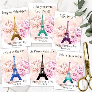Plantilla de tarjeta del Día de San Valentín de París, Tarjetas de San Valentín de la Torre Eiffel para el aula de los niños, Plantilla de San Valentín editable DIY San Valentín personalizado