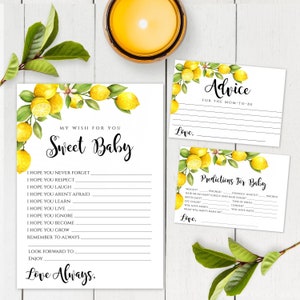 Lemon Baby Shower Keepsake Template Set, Editable Citrus Wishes For Baby, Advice For The Mommy, Predictions For Baby, Keepsake Card, BSL