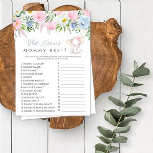 Pink + Blue Floral Elephant Baby Shower Game Template, Who Knows Mommy Best Game, Baby Shower Game, Instant Download, Printable Game, BPE