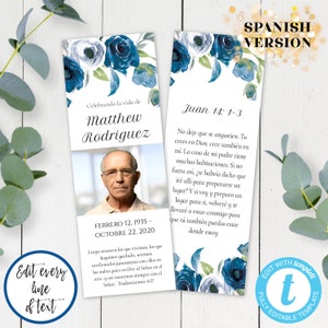 Spanish Bookmark for Men&#39;s Funeral, Blue Floral Custom Bookmark Keepsake, Personalized Funeral Favor, Celebration of Life Remembrance