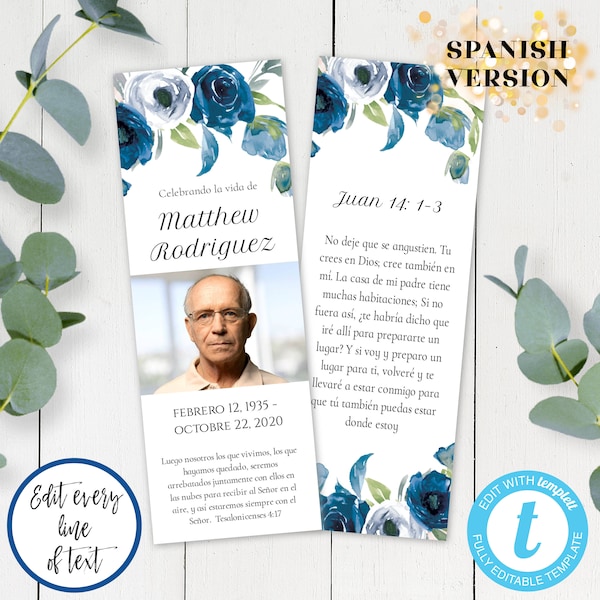 Spanish Bookmark for Men's Funeral, Blue Floral Custom Bookmark Keepsake, Personalized Funeral Favor, Celebration of Life Remembrance