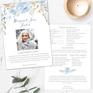 Blue Funeral Program Template, Editable Blue Floral Order of Service, Printable Memorial Service Card, Celebration of Life Service Card
