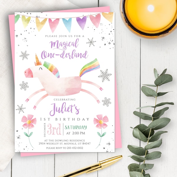 Unicorn 1st Birthday Invitation Template, One-derland Invite, Magical Unicorn Birthday, Unicorn Party Invite, Winter One-derland Invitation