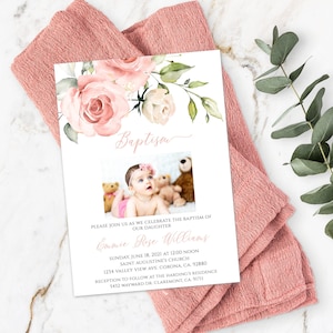 Baptism Invitation Template for Girl, Printable Invitation, Pink Floral Baptism Invite, Girl Baptism, Printable Baptism, Editable,  BAP9