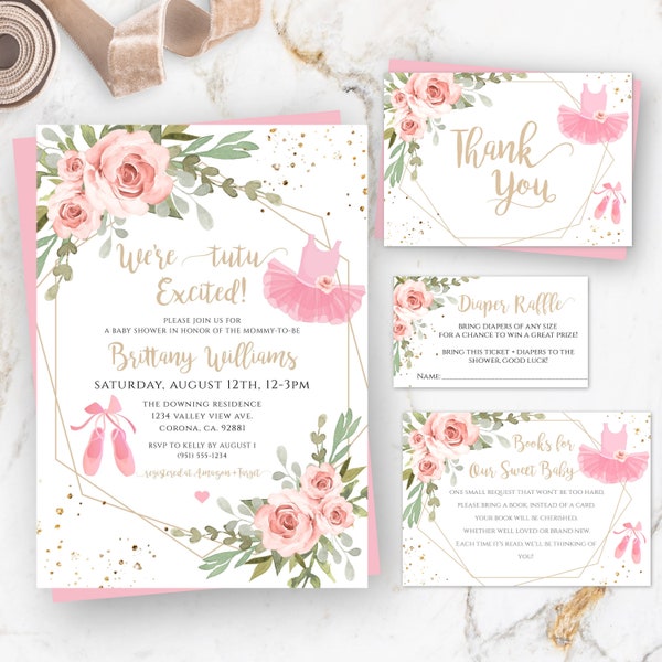 We're Tutu Excited Baby Shower Invitation Template Set, Editable Ballet Shower Invite, Pink + Gold Watercolor Floral Printable Invite, BSBG